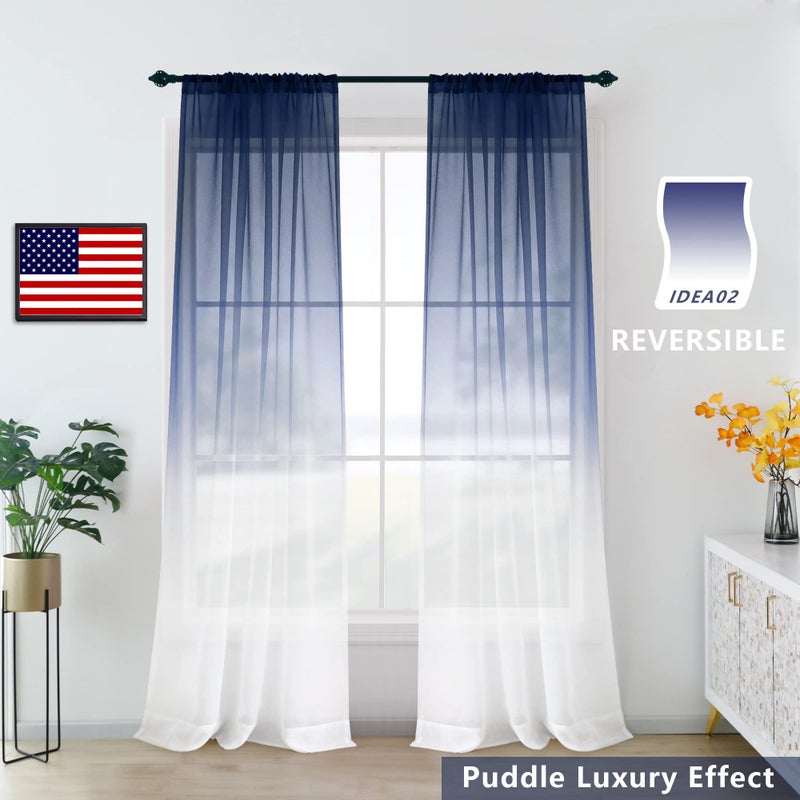 KOUFALL Navy and White Curtains for Living Room Set 2 Panels Rod Pocket Window Ombre Coastal Sheer Curtains for Bedroom Masculine Man's Cave Teen Boys Room Decor Man Christmas 52 x 84 Inches Long Dark Blue - Image 3